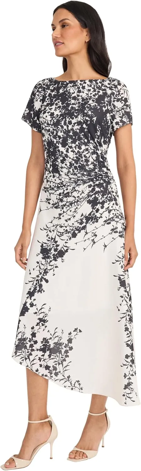 Maggy London Women's Ruched Waist Asymmetrical Midi Boat Neck Short Sleeve-Special Occasion Wedding Guest Dress