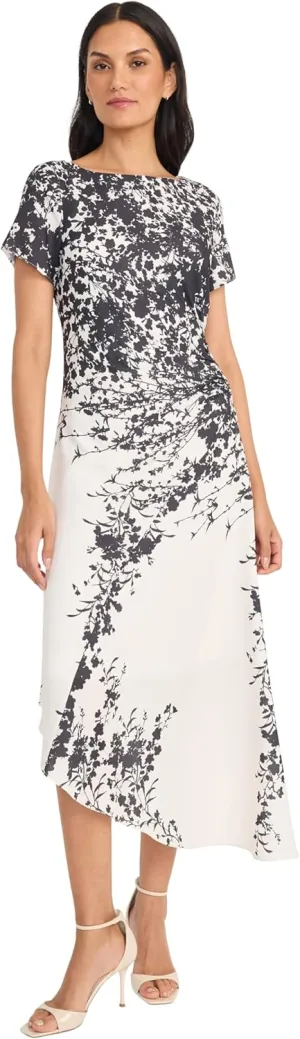 Maggy London Women's Ruched Waist Asymmetrical Midi Boat Neck Short Sleeve-Special Occasion Wedding Guest Dress