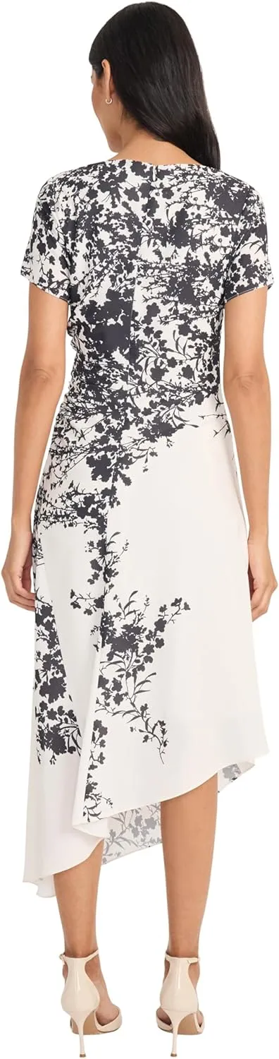 Maggy London Women's Ruched Waist Asymmetrical Midi Boat Neck Short Sleeve-Special Occasion Wedding Guest Dress