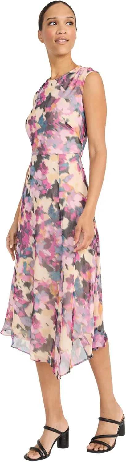 Maggy London Women's Sleeveless Fitted Midi Chiffon Asymmetrical Handkerchief Hem-Special Occasion Cocktail Dress