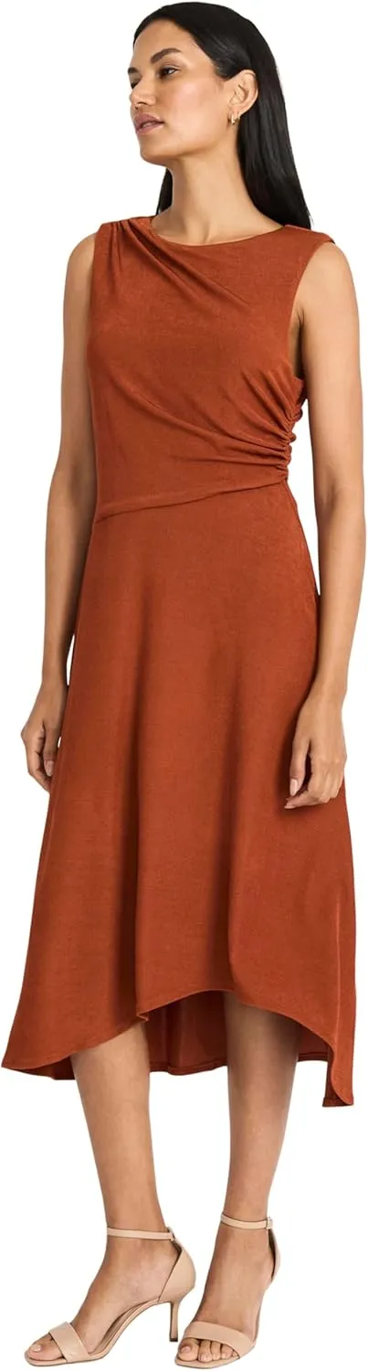 Maggy London Women's Sleeveless Midi Dress-Draped Bodice, High-Low Hem, Elegant A-line Silhouette