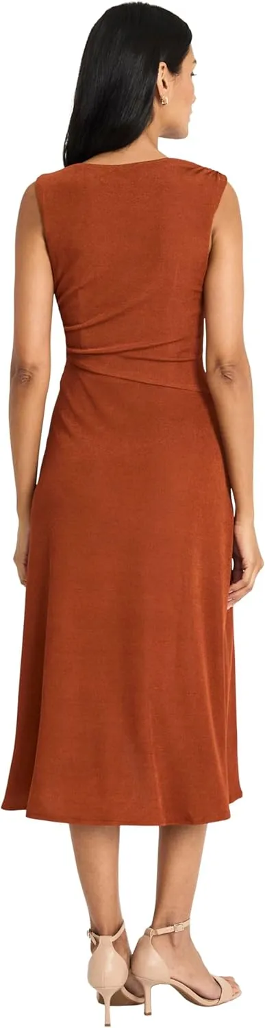 Maggy London Women's Sleeveless Midi Dress-Draped Bodice, High-Low Hem, Elegant A-line Silhouette
