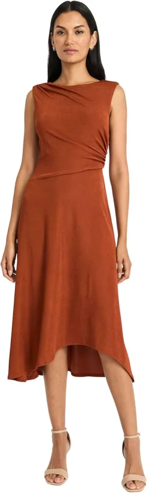 Maggy London Women's Sleeveless Midi Dress-Draped Bodice, High-Low Hem, Elegant A-line Silhouette