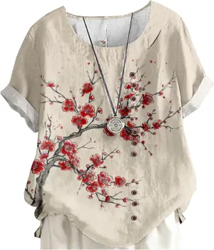 MARSVOVO Short Sleeve Tunic Tops for Women Novelty Japanese Style Vintage Decorative Buttons Oversize Blouse For Women