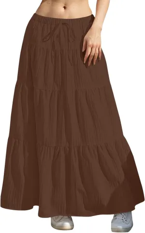 Maxi Skirts for Women Flowy Drawstring Elastic Waist Tiered Ruffle Hem Skort Summer Casual Solid Color A Line Skirt