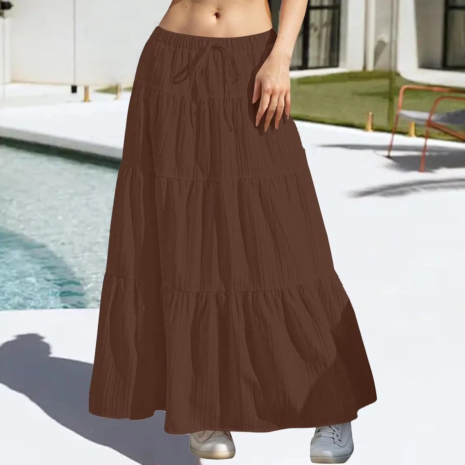 Maxi Skirts for Women Flowy Drawstring Elastic Waist Tiered Ruffle Hem Skort Summer Casual Solid Color A Line Skirt
