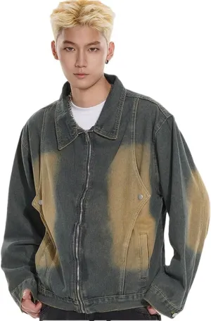 Men Vintage Zip Up Jeans Jacket Loose Casual Patchwork Distressed Cargo Denim