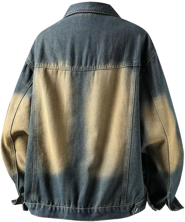 Men Vintage Zip Up Jeans Jacket Loose Casual Patchwork Distressed Cargo Denim