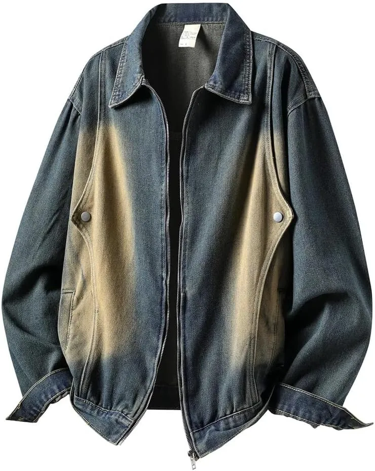 Men Vintage Zip Up Jeans Jacket Loose Casual Patchwork Distressed Cargo Denim