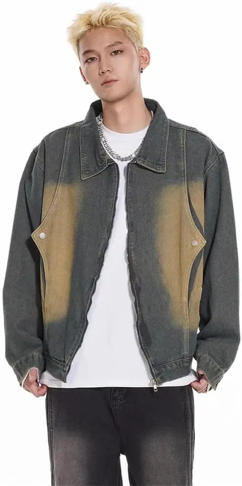 Men Vintage Zip Up Jeans Jacket Loose Casual Patchwork Distressed Cargo Denim
