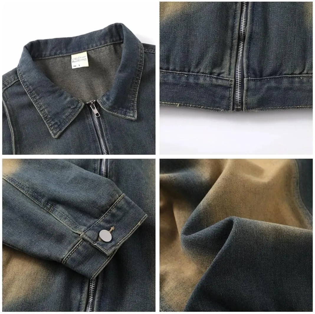Men Vintage Zip Up Jeans Jacket Loose Casual Patchwork Distressed Cargo Denim