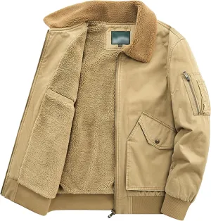Men's Fur Collar Bomber Jacket Casual Button Military Cargo Jackets Sherpa Fleece Lined Trucker Coats