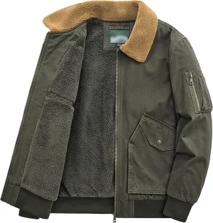 Men's Fur Collar Bomber Jacket Casual Button Military Cargo Jackets Sherpa Fleece Lined Trucker Coats