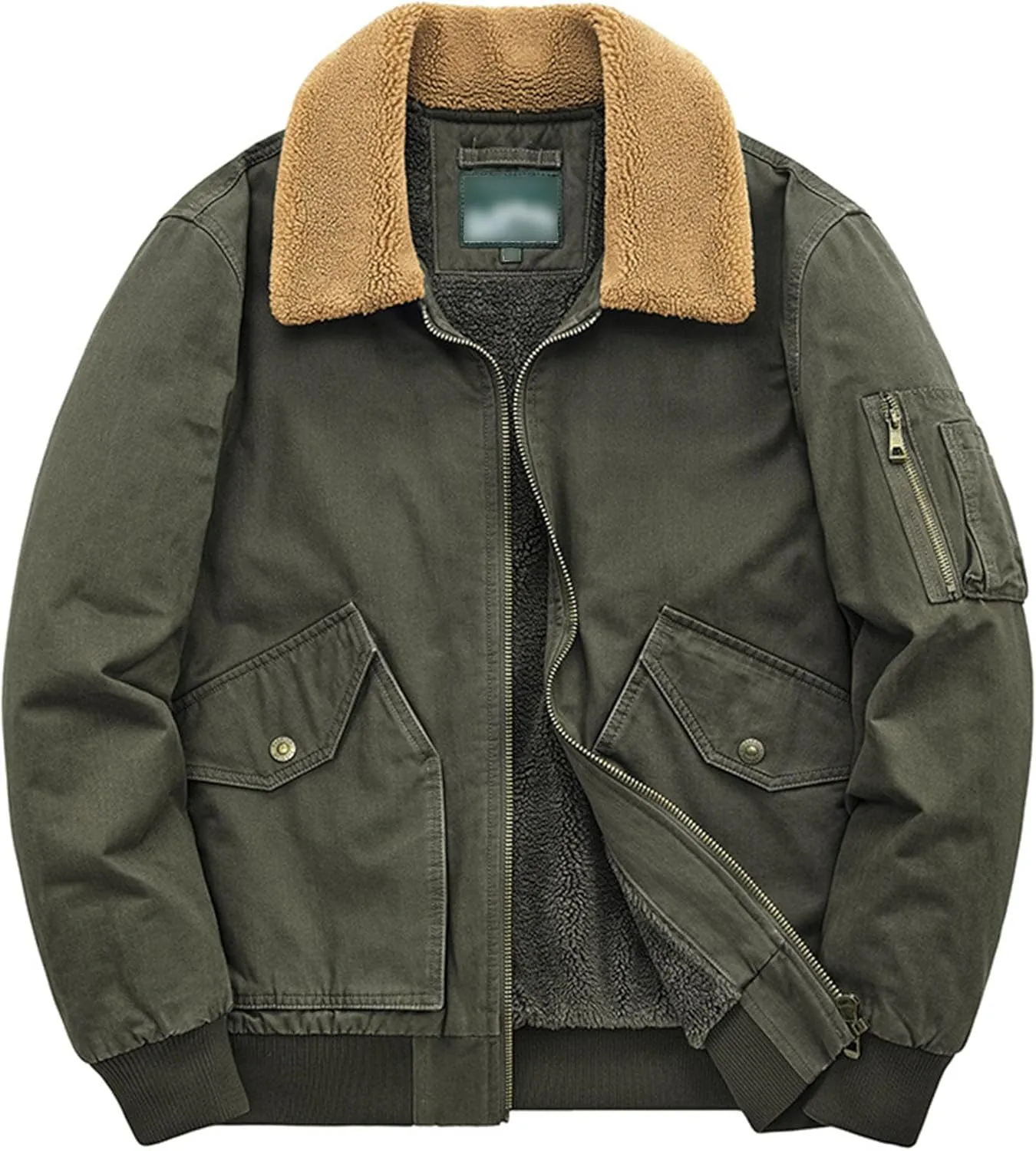 Men's Fur Collar Bomber Jacket Casual Button Military Cargo Jackets Sherpa Fleece Lined Trucker Coats