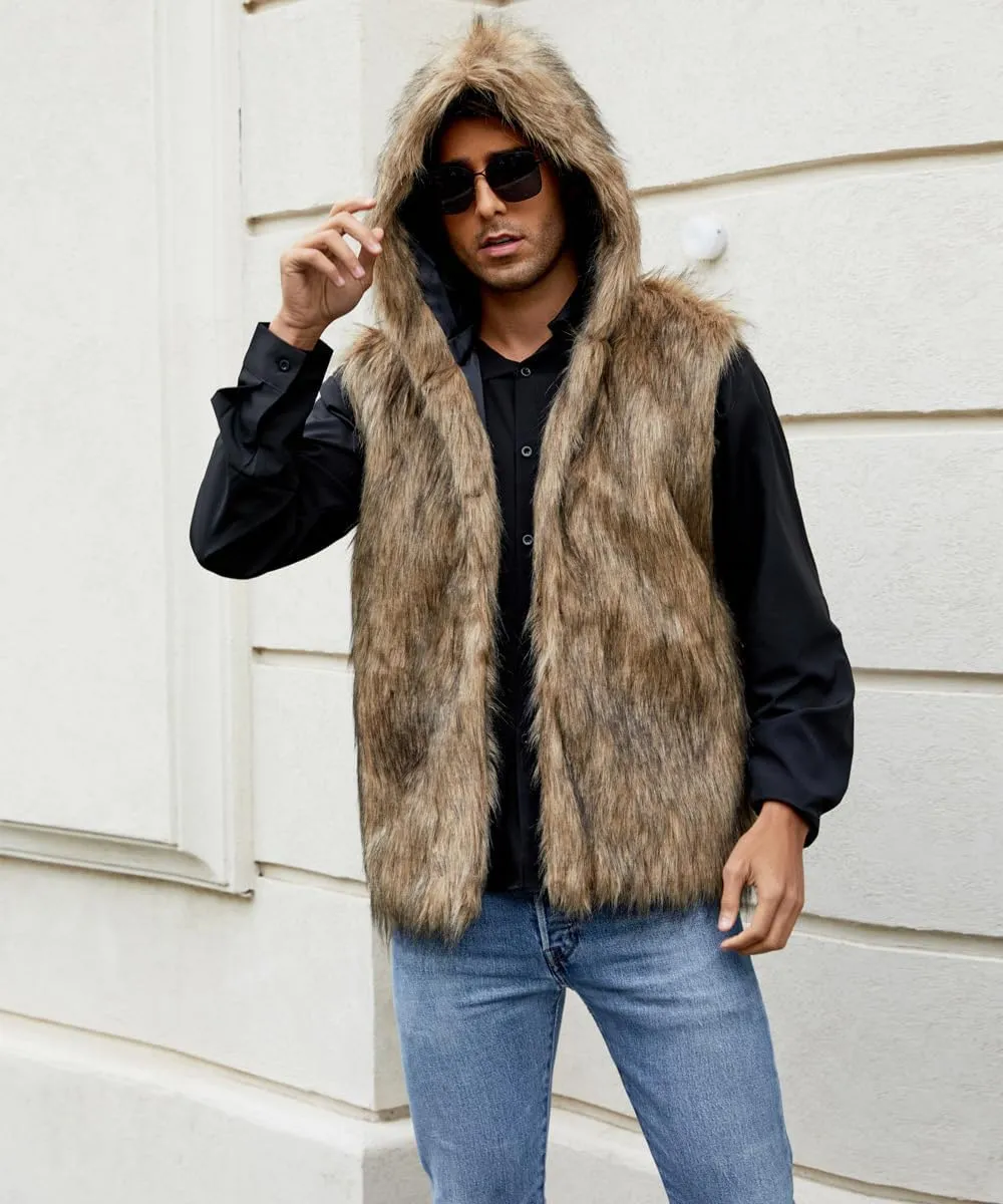 Men`s Luxury Faux Fur Hoodie Coats Sleeveless Jacket Vest With Hood