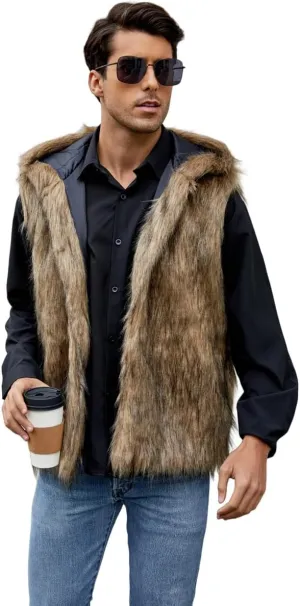 Men`s Luxury Faux Fur Hoodie Coats Sleeveless Jacket Vest With Hood
