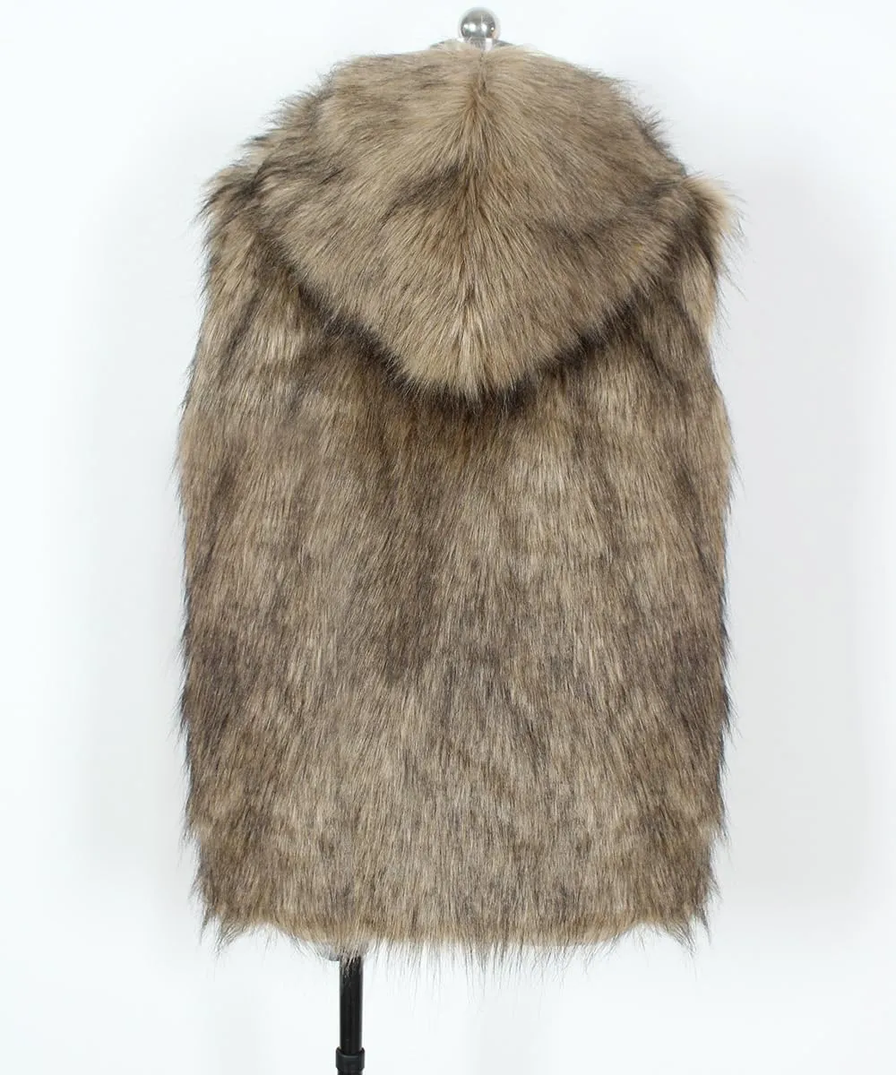 Men`s Luxury Faux Fur Hoodie Coats Sleeveless Jacket Vest With Hood