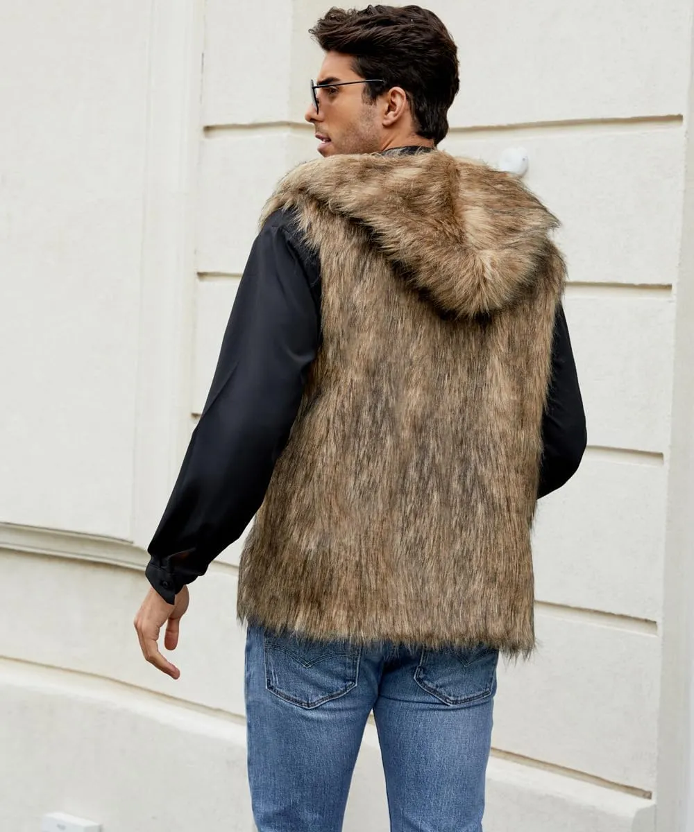 Men`s Luxury Faux Fur Hoodie Coats Sleeveless Jacket Vest With Hood