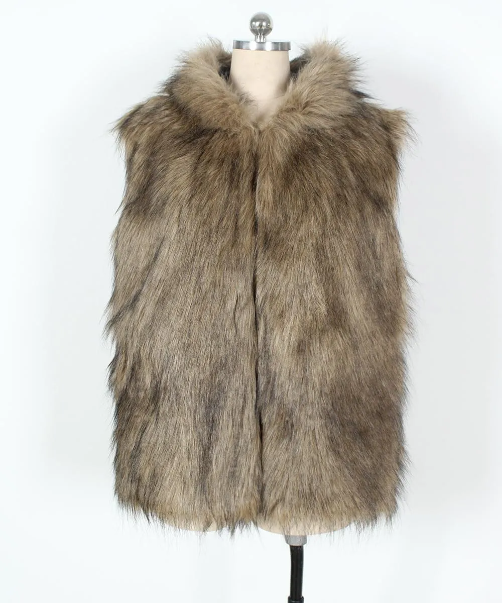 Men`s Luxury Faux Fur Hoodie Coats Sleeveless Jacket Vest With Hood