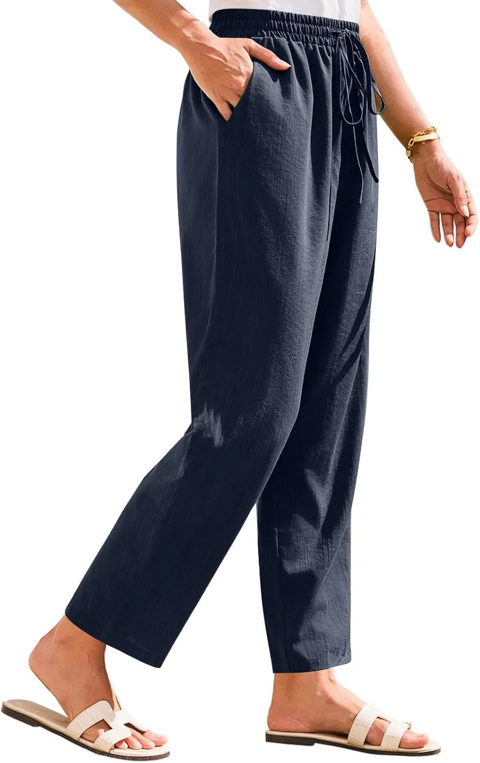 NBXNZWF Women's Cotton Linen Straight Leg Pants Elastic Drawstring Casual Trousers Summer Beach Lounge Pants with Pockets