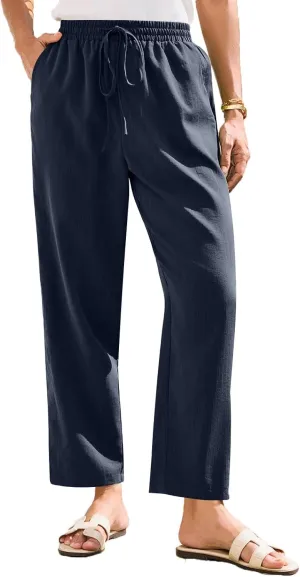 NBXNZWF Women's Cotton Linen Straight Leg Pants Elastic Drawstring Casual Trousers Summer Beach Lounge Pants with Pockets