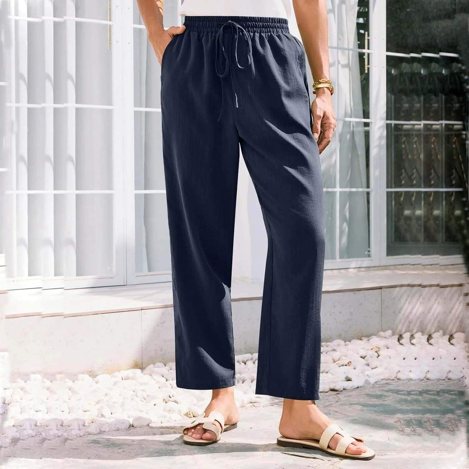 NBXNZWF Women's Cotton Linen Straight Leg Pants Elastic Drawstring Casual Trousers Summer Beach Lounge Pants with Pockets