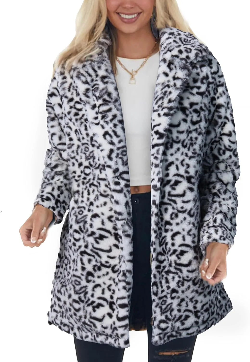 Omoone Women's Faux Fur Jackets Autumn Winter Leopard Coats Loose Fur Coat with Pockets