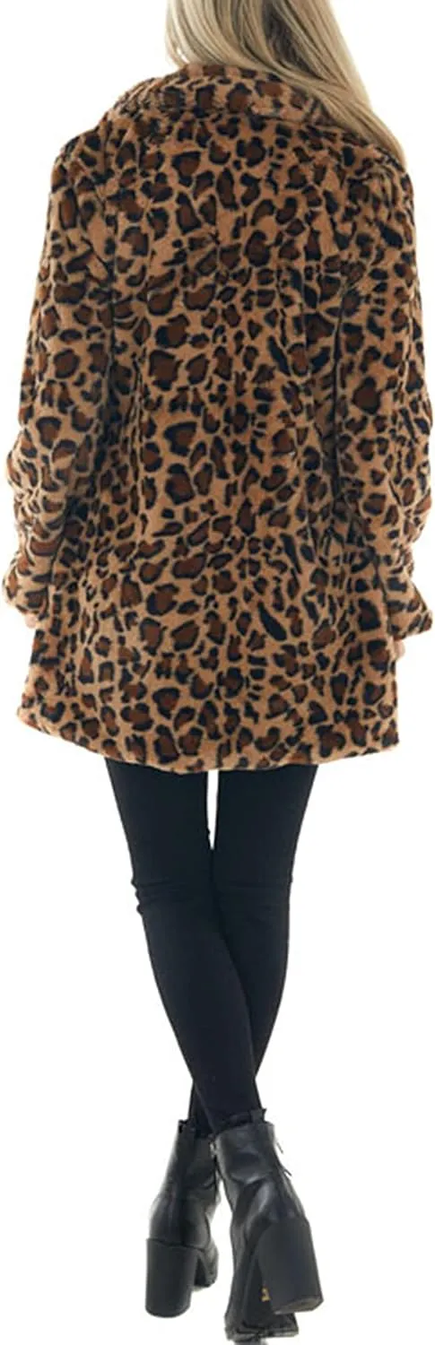 Omoone Women's Faux Fur Jackets Autumn Winter Leopard Coats Loose Fur Coat with Pockets