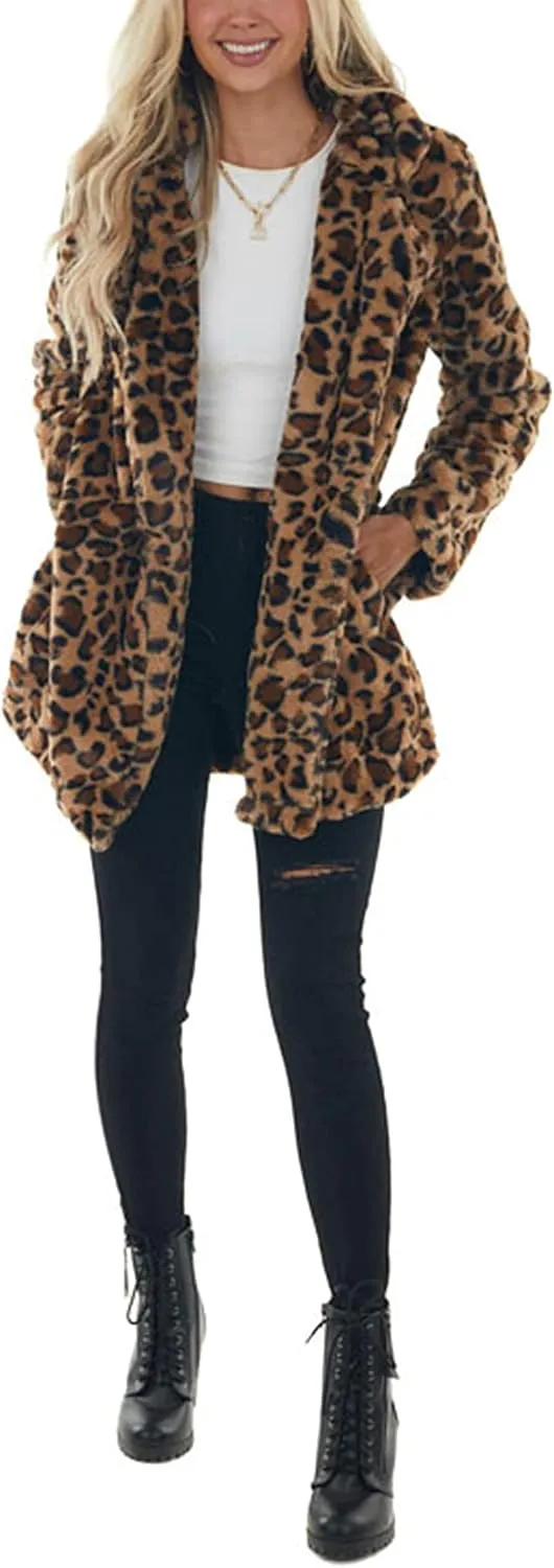 Omoone Women's Faux Fur Jackets Autumn Winter Leopard Coats Loose Fur Coat with Pockets