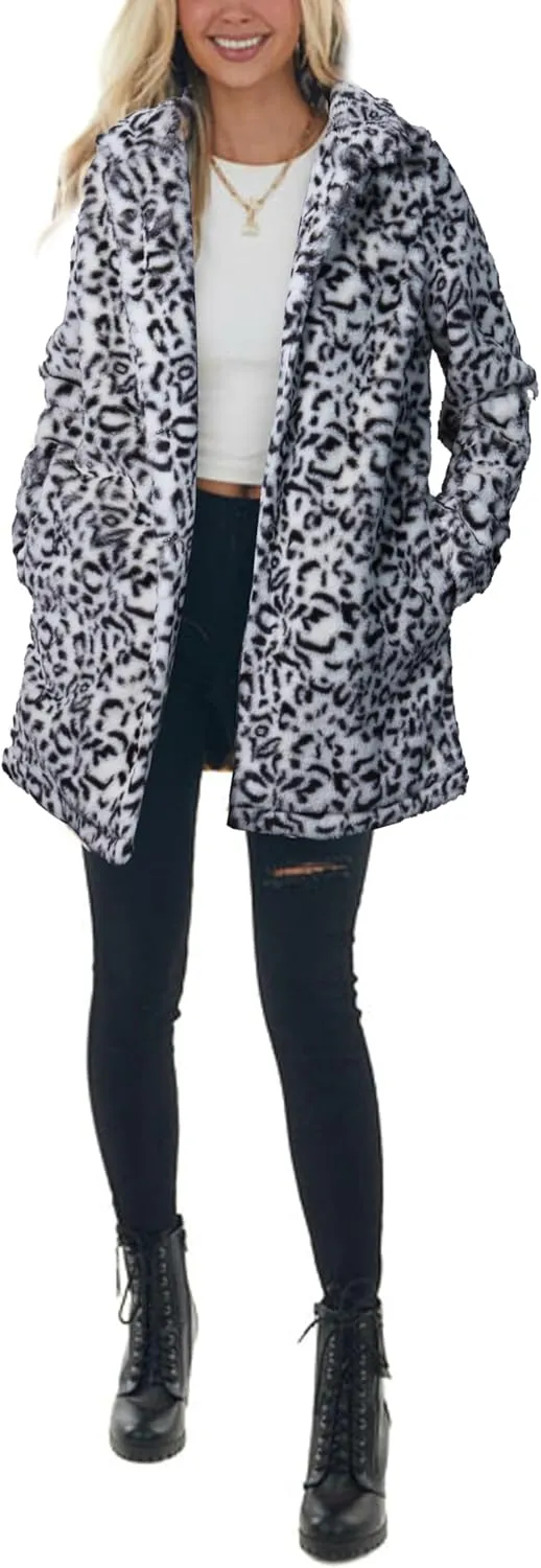 Omoone Women's Faux Fur Jackets Autumn Winter Leopard Coats Loose Fur Coat with Pockets