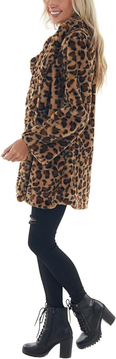 Omoone Women's Faux Fur Jackets Autumn Winter Leopard Coats Loose Fur Coat with Pockets