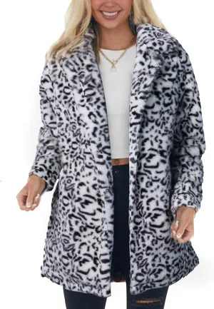 Omoone Women's Faux Fur Jackets Autumn Winter Leopard Coats Loose Fur Coat with Pockets