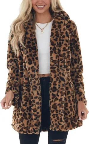 Omoone Women's Faux Fur Jackets Autumn Winter Leopard Coats Loose Fur Coat with Pockets