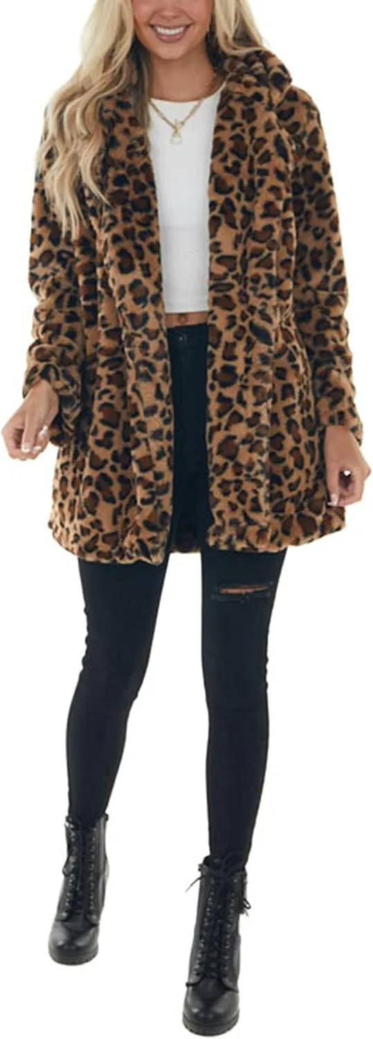 Omoone Women's Faux Fur Jackets Autumn Winter Leopard Coats Loose Fur Coat with Pockets