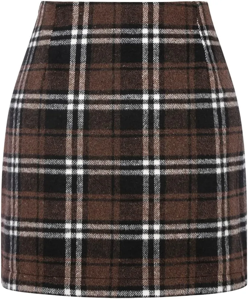 Plaid Mini Skirts for Womens High Waisted Fall Winter Wool Bodycon Pencil Skirts with Slit