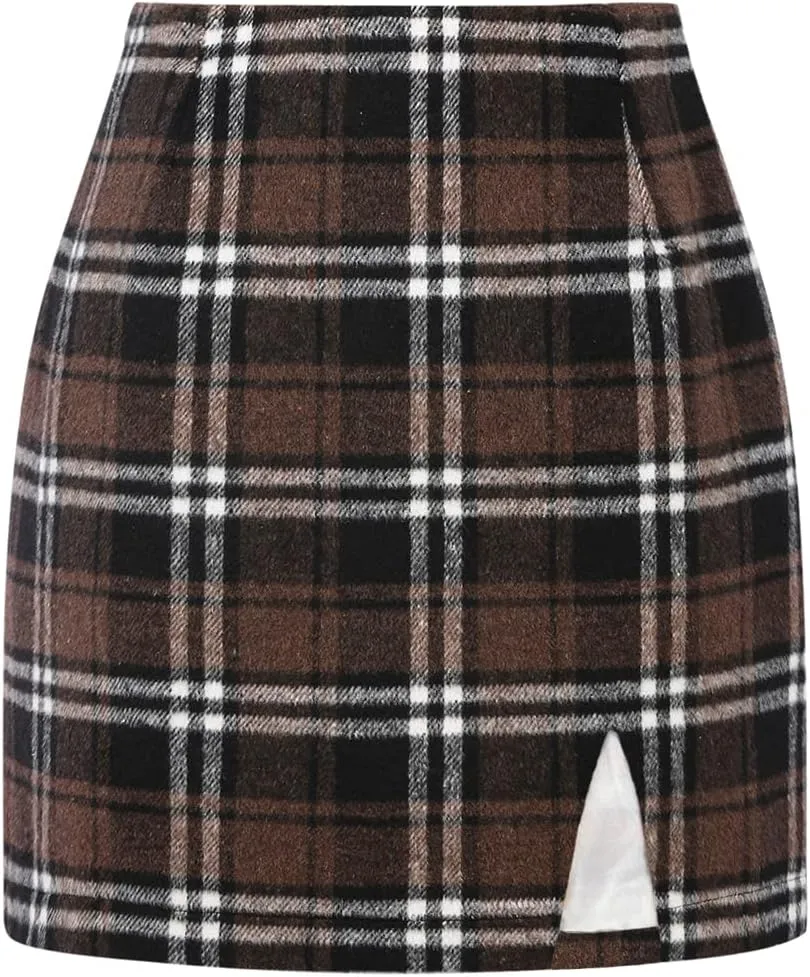 Plaid Mini Skirts for Womens High Waisted Fall Winter Wool Bodycon Pencil Skirts with Slit
