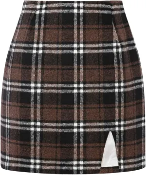Plaid Mini Skirts for Womens High Waisted Fall Winter Wool Bodycon Pencil Skirts with Slit