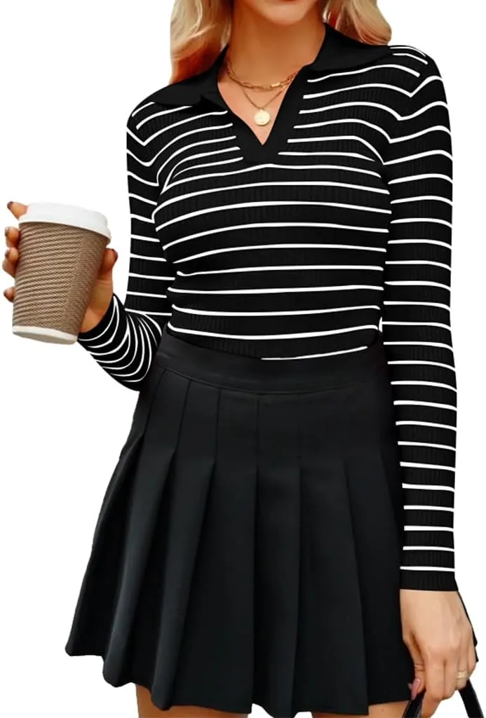 Poetsky Women's Long Sleeve V Neck Shirts 2024 Fall Ribbed Knit Sweater Slim Fit Basic Casual Tee Tops