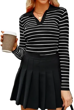 Poetsky Women's Long Sleeve V Neck Shirts 2024 Fall Ribbed Knit Sweater Slim Fit Basic Casual Tee Tops