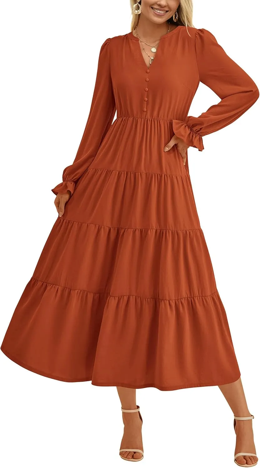PRETTYGARDEN Women's Fall Maxi Dress Long Sleeve V Neck Tiered A Line Ruffle Elegant Flowy Spring Cocktail Party Dresses