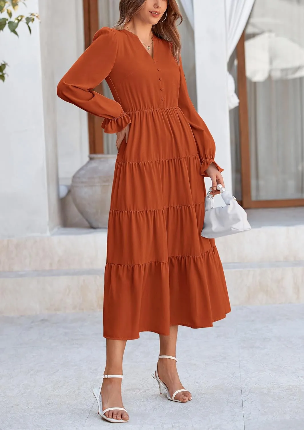 PRETTYGARDEN Women's Fall Maxi Dress Long Sleeve V Neck Tiered A Line Ruffle Elegant Flowy Spring Cocktail Party Dresses
