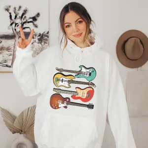 Retro Guitars Unisex Heavy Blend™ Hooded Sweatshirt Front or Back Design Colorful Vintage Guitars Hoodie Trendy Music Hoodie