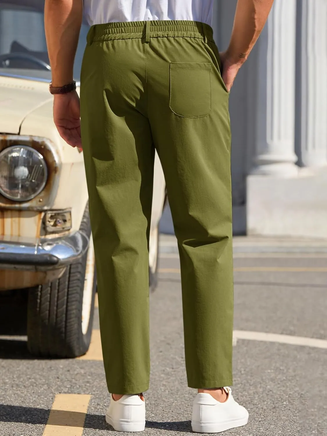 Runcati Mens Stretch Golf Pants Casual Slim Fit Dress Pants Elastic Waist Tapered Work Cropped Trousers