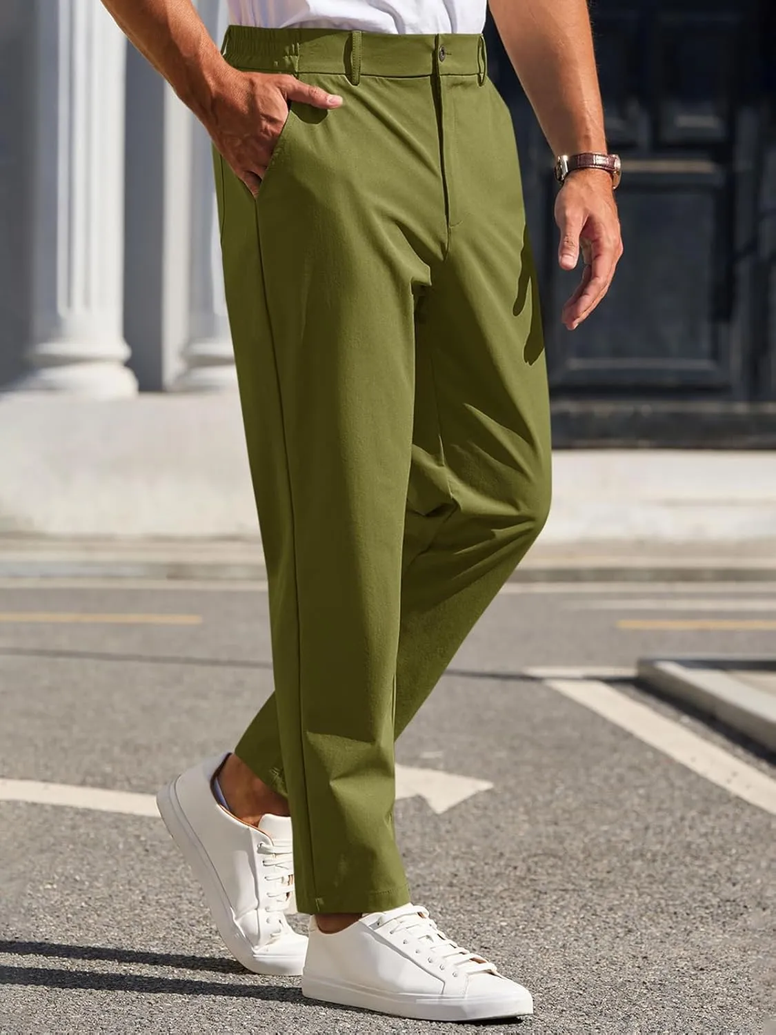 Runcati Mens Stretch Golf Pants Casual Slim Fit Dress Pants Elastic Waist Tapered Work Cropped Trousers