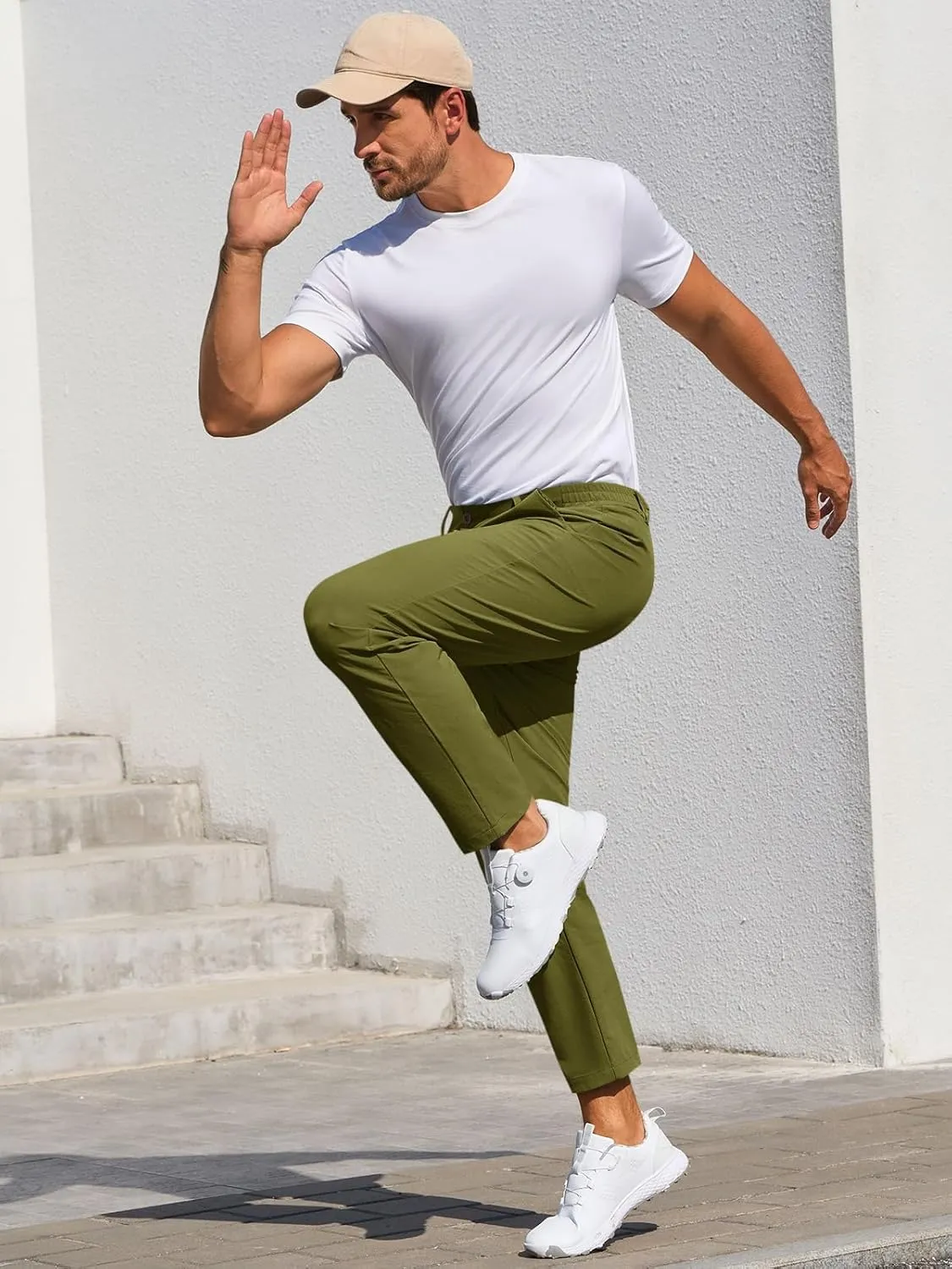 Runcati Mens Stretch Golf Pants Casual Slim Fit Dress Pants Elastic Waist Tapered Work Cropped Trousers