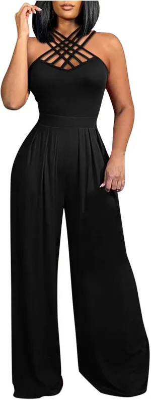SACFOF Women Summer Crisscross Neck Sleeveless High Waist Dressy Casual Wide Leg Pant One Piece Jumpsuits Romper