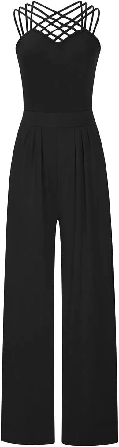 SACFOF Women Summer Crisscross Neck Sleeveless High Waist Dressy Casual Wide Leg Pant One Piece Jumpsuits Romper