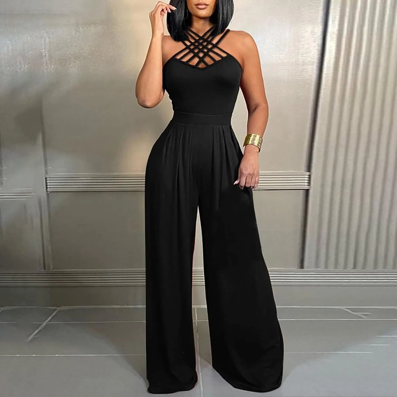 SACFOF Women Summer Crisscross Neck Sleeveless High Waist Dressy Casual Wide Leg Pant One Piece Jumpsuits Romper