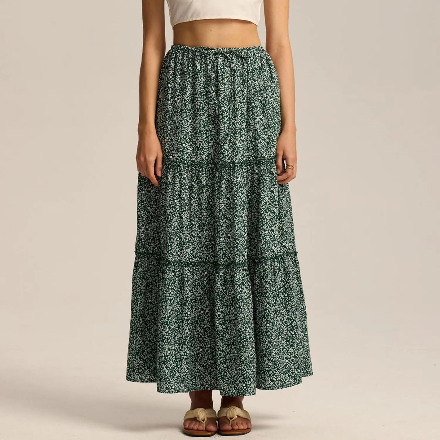 Skirts for Women High Elastic Waist Midi Skirt Casual Summer Tie Front Flowy Ruffle Floral Print Skirts
