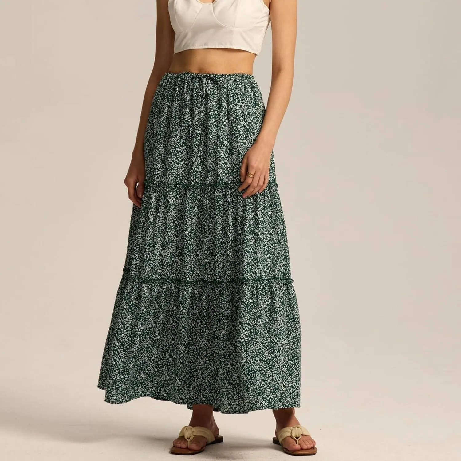 Skirts for Women High Elastic Waist Midi Skirt Casual Summer Tie Front Flowy Ruffle Floral Print Skirts